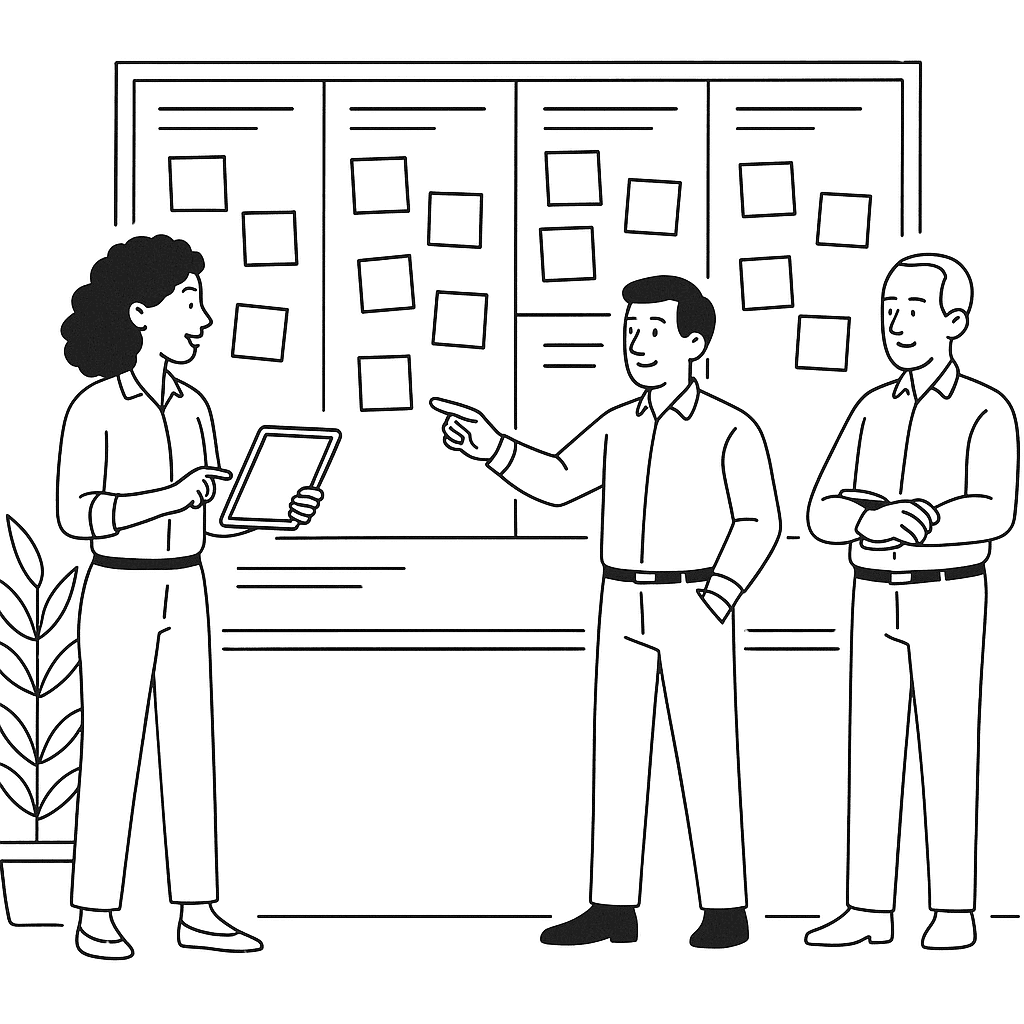 Team collaborating around a strategy board